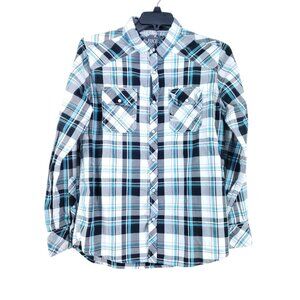BKE Men's Size Medium Pearl Snap Shirt Blue Black Plaid